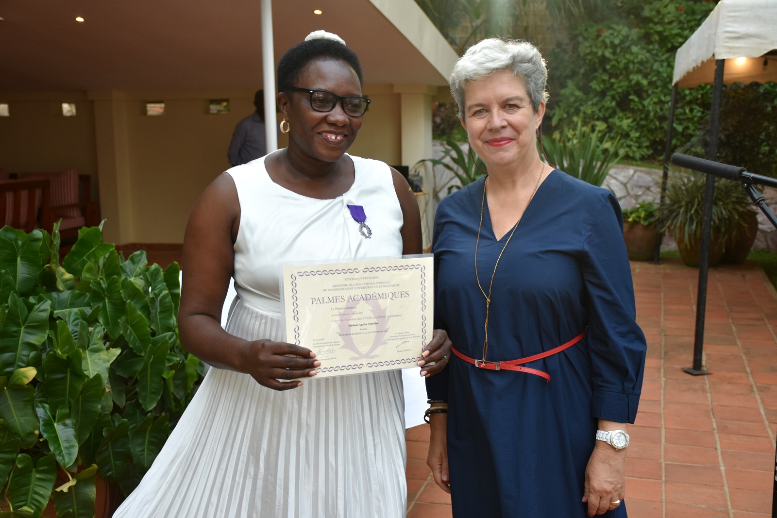 Dr. Agatha Tumwine. Four Makerere University-affiliated academics from the College of Humanities and Social Sciences (CHUSS)-Professor Edith Ruth Natukunda Togboa, Dr Agatha Tumwine, Professor Christian Kakuba, and Professor Enoch Sebuyungo honoured with French Order of Academic Palms (Ordre des Palmes Académiques) by the French Ambassador H.E Virginie Leroy for their effort in strengthening working relations between France and Uganda through their dedication to education, research, and the teaching of French. 7th October 2026, French Embassy, Kampala Uganda, East Africa.