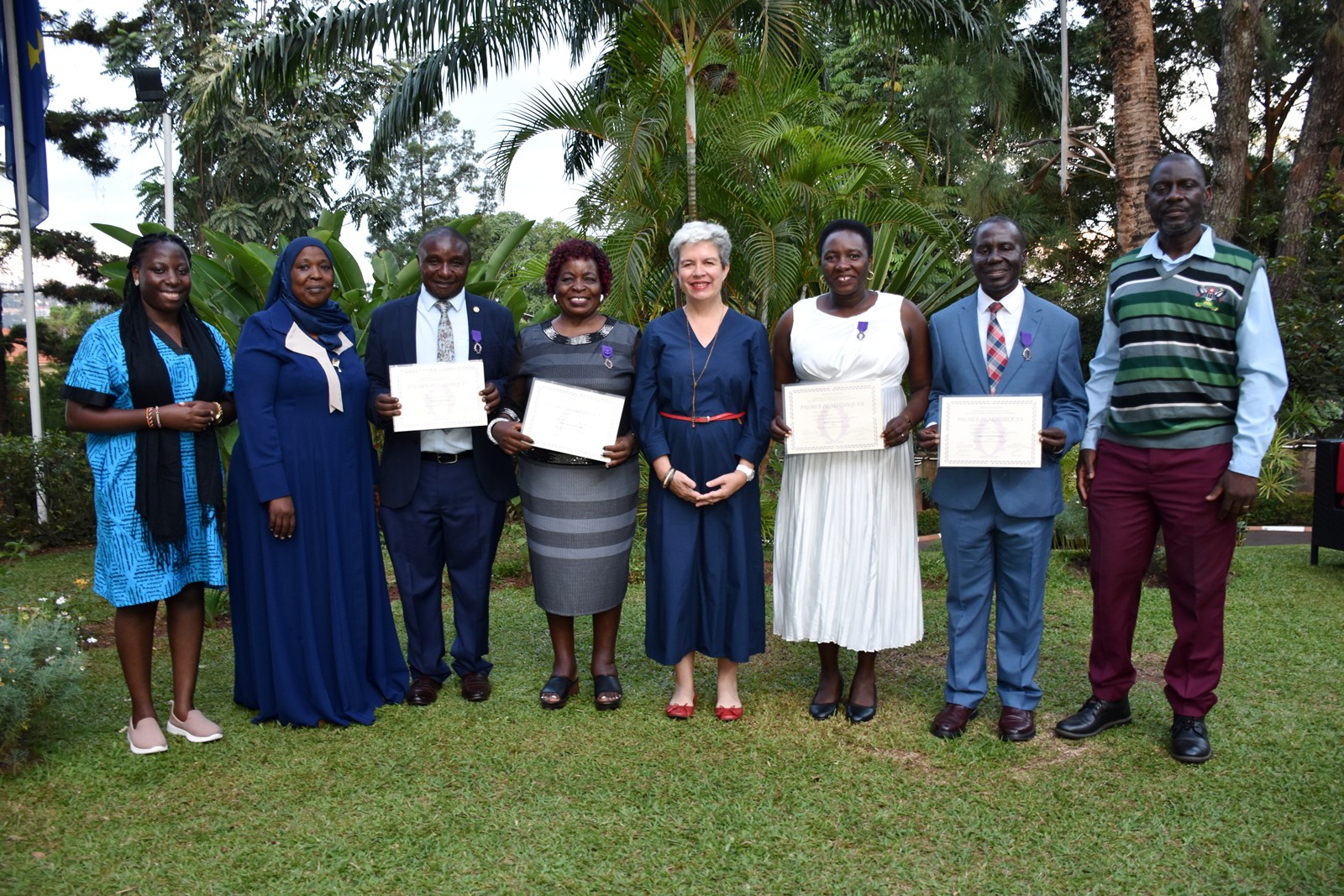 Officials including Director DGT-Prof. Julius Kikooma (R), Dean, School of Languages, Literature and Communication-Associate Professor Saudah Namyalo (2nd R) with Award Recipients and H.E. Leroy. Four Makerere University-affiliated academics from the College of Humanities and Social Sciences (CHUSS)-Professor Edith Ruth Natukunda Togboa, Dr Agatha Tumwine, Professor Christian Kakuba, and Professor Enoch Sebuyungo honoured with French Order of Academic Palms (Ordre des Palmes Académiques) by the French Ambassador H.E Virginie Leroy for their effort in strengthening working relations between France and Uganda through their dedication to education, research, and the teaching of French. 7th October 2026, French Embassy, Kampala Uganda, East Africa.