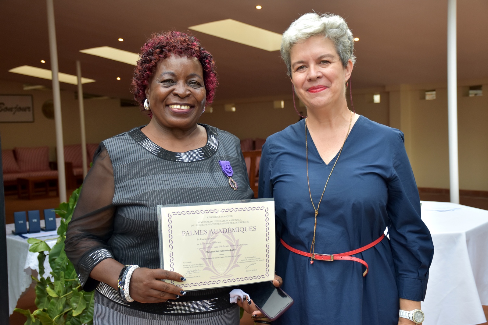 Professor Edith Ruth Natukunda Togboa. Four Makerere University-affiliated academics from the College of Humanities and Social Sciences (CHUSS)-Professor Edith Ruth Natukunda Togboa, Dr Agatha Tumwine, Professor Christian Kakuba, and Professor Enoch Sebuyungo honoured with French Order of Academic Palms (Ordre des Palmes Académiques) by the French Ambassador H.E Virginie Leroy for their effort in strengthening working relations between France and Uganda through their dedication to education, research, and the teaching of French. 7th October 2026, French Embassy, Kampala Uganda, East Africa.
