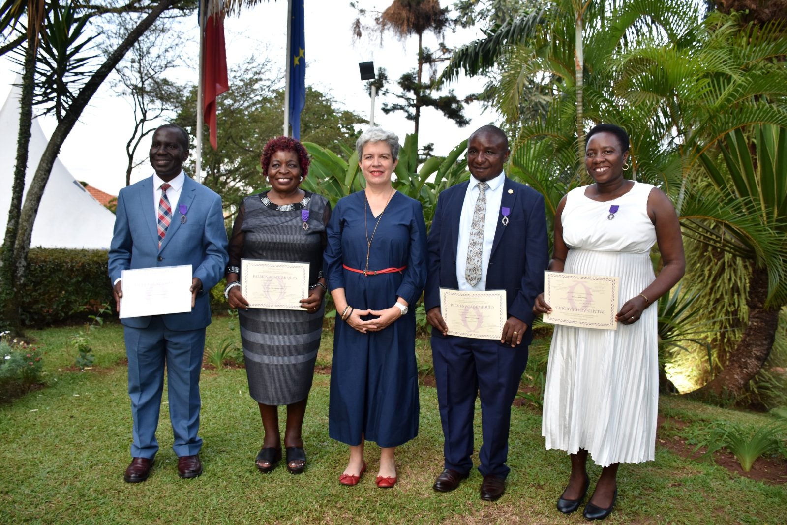 L-R: Professor Enoch Sebuyungo, Professor Edith Ruth Natukunda Togboa, H.E. Virginie Leroy, Professor Christian Kakuba and Dr. Agatha Tumwine at the Award Ceremony on 7th October 2026. Four Makerere University-affiliated academics from the College of Humanities and Social Sciences (CHUSS)-Professor Edith Ruth Natukunda Togboa, Dr Agatha Tumwine, Professor Christian Kakuba, and Professor Enoch Sebuyungo honoured with French Order of Academic Palms (Ordre des Palmes Académiques) by the French Ambassador H.E Virginie Leroy for their effort in strengthening working relations between France and Uganda through their dedication to education, research, and the teaching of French. 7th October 2026, French Embassy, Kampala Uganda, East Africa.