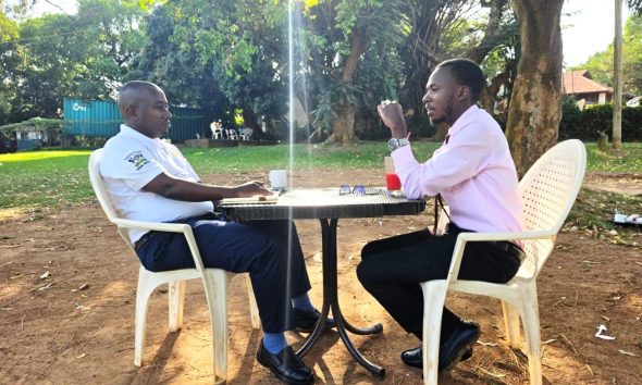 Mr. Buteera and Khabusi during the interview recently. Impact Stories: Timothy Khabusi, Mastercard Foundation Scholars Program alumnus, optometrist, researcher, programmer, and eye health entrepreneur, on an ambitious mission to improve eye health in Uganda, October 2026, Makerere University, Kampala Uganda, East Africa.