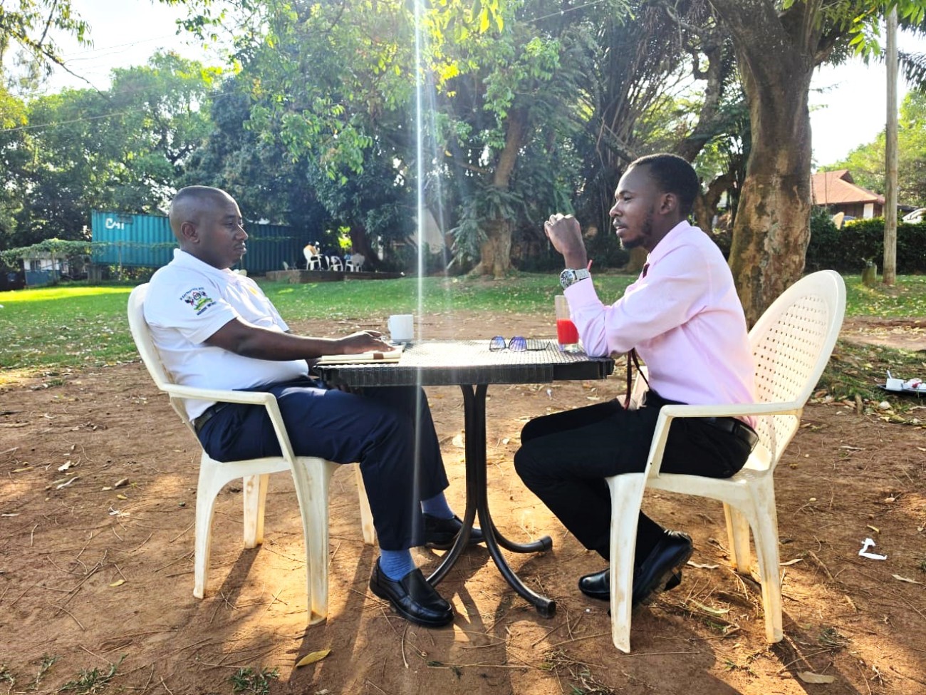 Mr. Buteera and Khabusi during the interview recently. Impact Stories: Timothy Khabusi, Mastercard Foundation Scholars Program alumnus, optometrist, researcher, programmer, and eye health entrepreneur, on an ambitious mission to improve eye health in Uganda, October 2026, Makerere University, Kampala Uganda, East Africa.