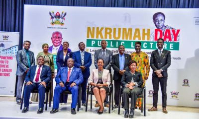 Seated L-R: Chief Guest-Dr. Charles Kahigiriza, Prof. Gerald Karyeija, Dr. Winifred Kabumbuli and Assoc. Prof. Gorettie Nabanoga with other dignitaries (Standing) at the Nkrumah Day Celebrations on 8th October 2026. Nkrumah Day and Public Lecture organised by Nkrumah Hall under the theme “Leadership, Self-Reliance and Transformation: Reimagining Nkrumah's Vision for the 21st Century African Youth,” 8th October 2026, Yusuf Lule Central Teaching Facility Auditorium, Makerere University, Kampala Uganda, East Africa.