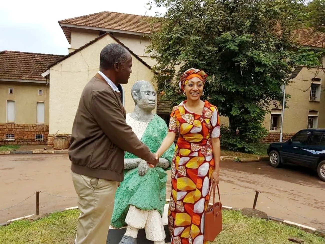 Mr. John Kamya with Ms. Samia Yaba Nkrumah at the Kwame Nkrumah Statue outside Nkrumah Hall during her visit in 2018. Nkrumah Day and Public Lecture organised by Nkrumah Hall under the theme “Leadership, Self-Reliance and Transformation: Reimagining Nkrumah's Vision for the 21st Century African Youth,” 8th October 2026, Yusuf Lule Central Teaching Facility Auditorium, Makerere University, Kampala Uganda, East Africa.