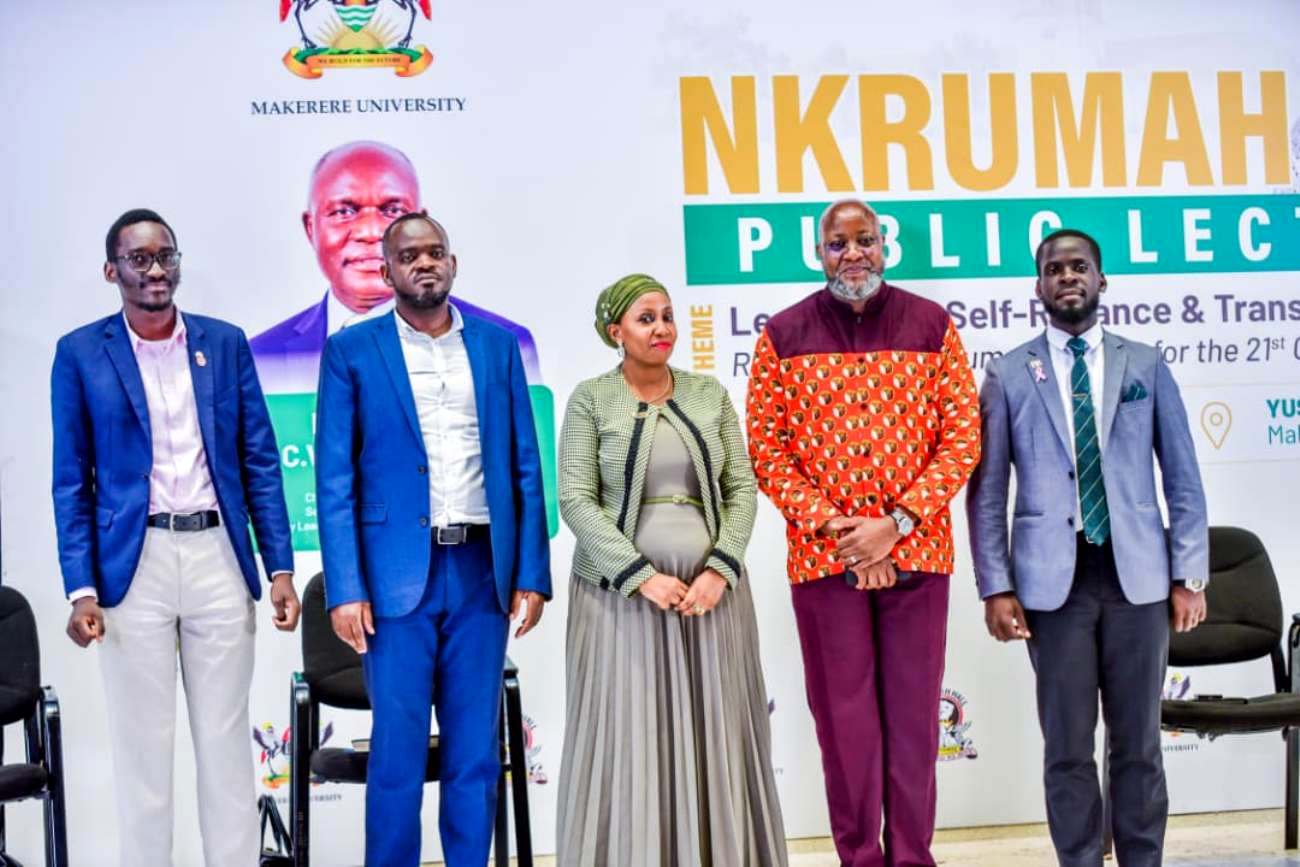 Panelists L-R: Rt. Hon. Rodney Adroni, Dr. Zaid Sekitto, Dr. Zahara Nampewo, and Kyajja Peter Claveri (R) with Moderator-Samson Kasumba (2nd R). Nkrumah Day and Public Lecture organised by Nkrumah Hall under the theme “Leadership, Self-Reliance and Transformation: Reimagining Nkrumah's Vision for the 21st Century African Youth,” 8th October 2026, Yusuf Lule Central Teaching Facility Auditorium, Makerere University, Kampala Uganda, East Africa.