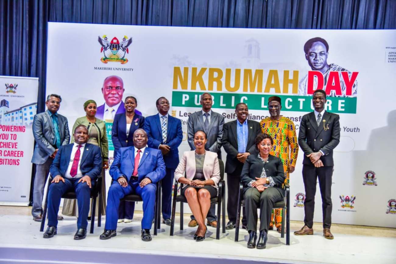 Seated L-R: Chief Guest-Dr. Charles Kahigiriza, Prof. Gerald Karyeija, Dr. Winifred Kabumbuli and Assoc. Prof. Gorettie Nabanoga with other dignitaries (Standing) at the Nkrumah Day Celebrations on 8th October 2026. Nkrumah Day and Public Lecture organised by Nkrumah Hall under the theme “Leadership, Self-Reliance and Transformation: Reimagining Nkrumah's Vision for the 21st Century African Youth,” 8th October 2026, Yusuf Lule Central Teaching Facility Auditorium, Makerere University, Kampala Uganda, East Africa.