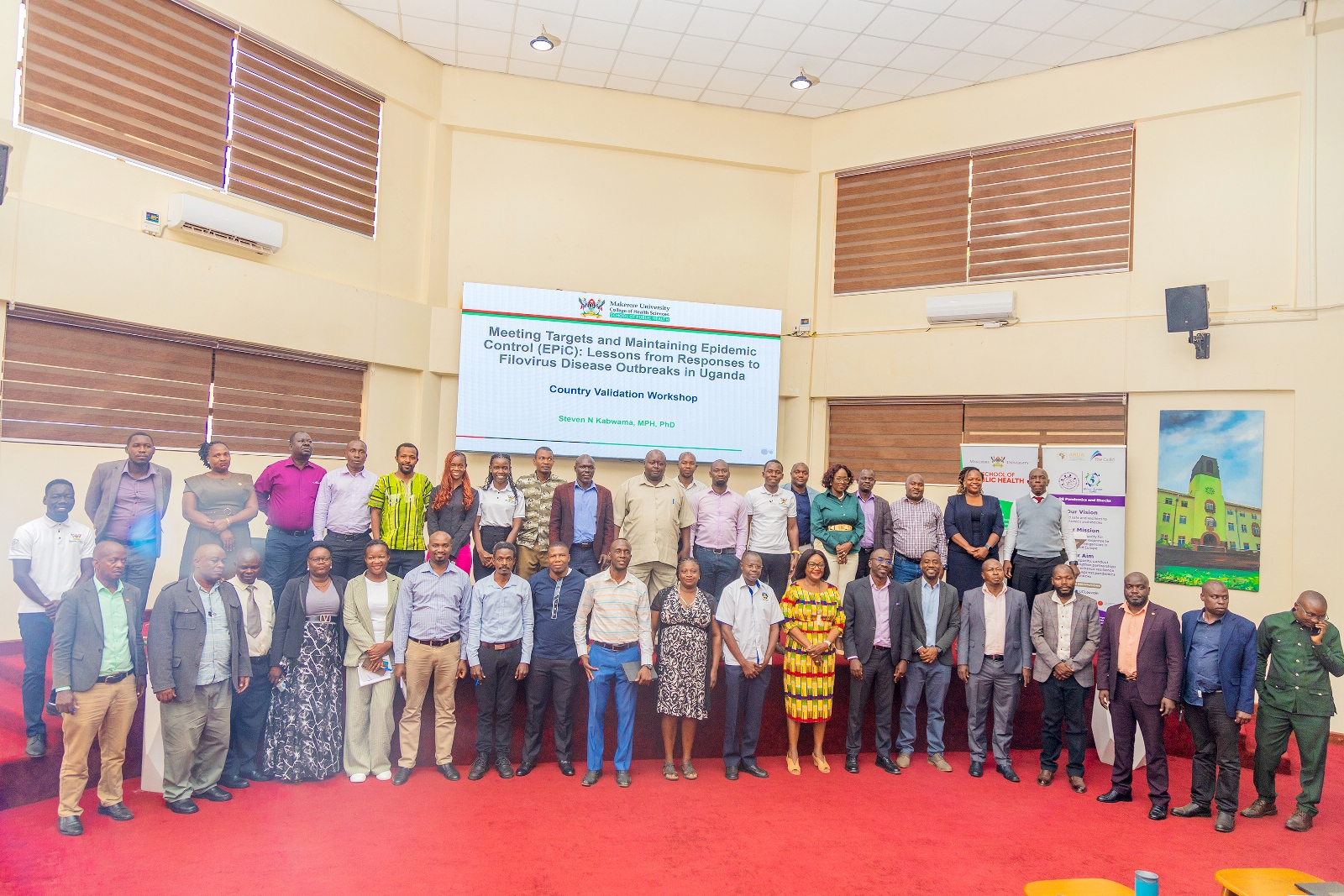 MakSPH Dean Prof. Rhoda Wanyenze, Dr. Steven Kabwama, district health officials and partners at the EPiC validation workshop on Uganda’s Ebola and Marburg outbreak responses, 6 October 2026. Makerere University School of Public Health and FHI 360 country validation workshop convened by the Meeting Targets and Maintaining Epidemic Control (EPiC) project, to examine lessons from Uganda’s response to filovirus disease outbreaks, 6th October 2026, MakSPH Auditorium, Makerere University, Kampala Uganda, East Africa.
