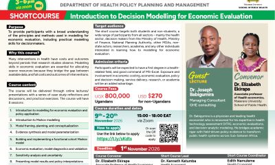 Applications Open for a two-week online short course on Introduction to Decision Modelling for Economic Evaluation by the Department of Health Policy, Planning and Management, Makerere University School of Public Health (MakSPH), Kampala Uganda, East Africa.