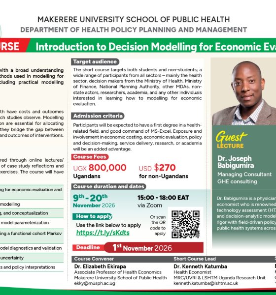 Applications Open for a two-week online short course on Introduction to Decision Modelling for Economic Evaluation by the Department of Health Policy, Planning and Management, Makerere University School of Public Health (MakSPH), Kampala Uganda, East Africa.