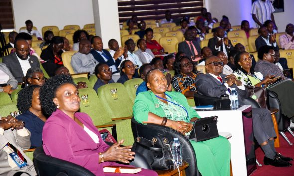 L-R: Ms. Doreen Katangaza who represented the Guest of Honour-Dr. Adam Mugume, Prof. Pamela Mbabazi, Prof. Vincent Anigbogu, Dr. Lorna Magara and other dignitaries a the Conference on 30th September 2026. YOBEL Biashara Conference 2026, theme: Africa's Agency in an Era of Geopolitical Change-Trade, Investment and Economic Transformation, Makerere University School of Public Health Auditorium, 30th September 2026, Makerere University, Kampala Uganda, East Africa.